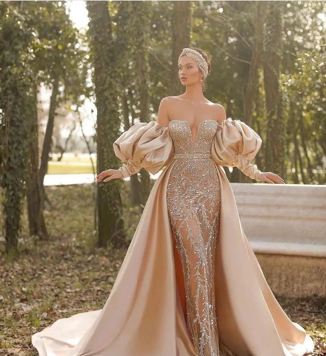 Elegant Off-the-shoulder Long Sleeve Prom Dress Mermaid Evening Gowns-BMbridal.com
