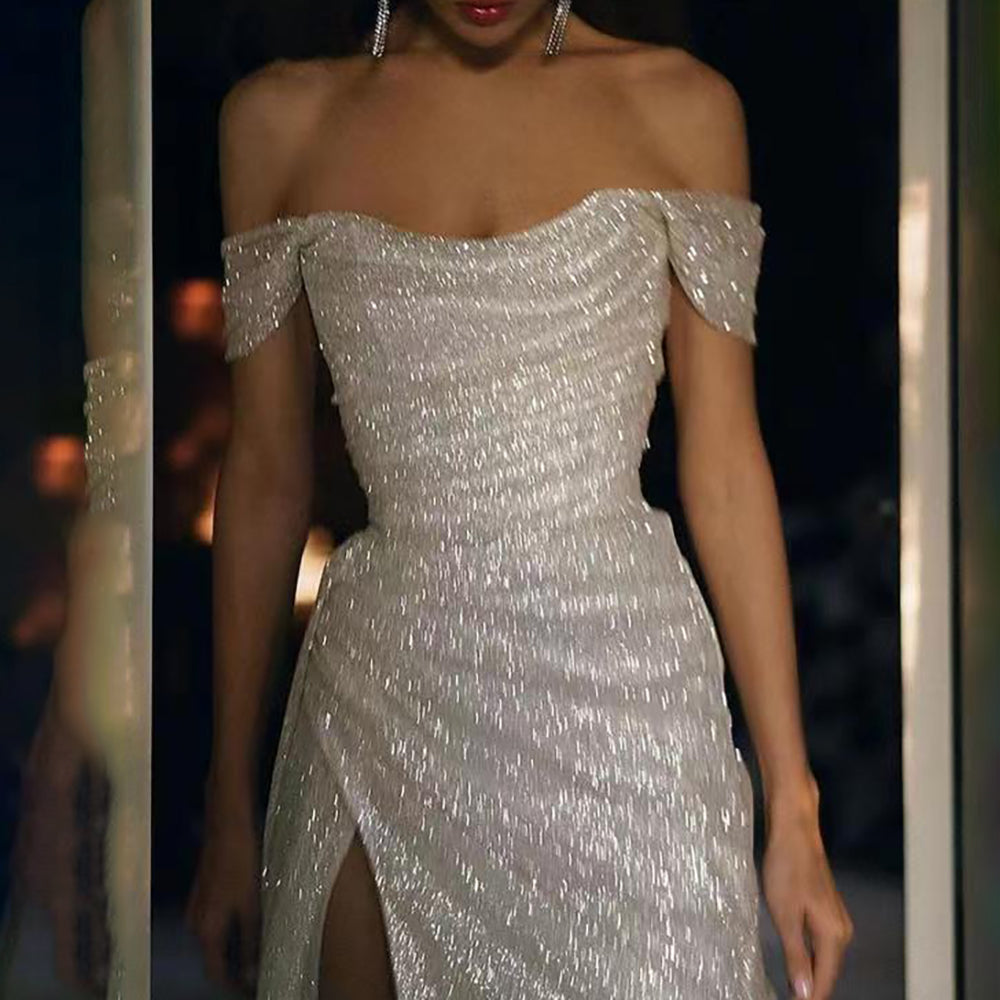 Elegant Off-the-shoulder Sleeveless A-line Sequined Wedding Dress With Slit-BMbridal.com