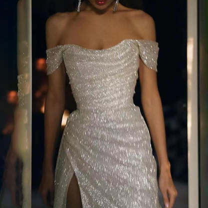 Elegant Off-the-shoulder Sleeveless A-line Sequined Wedding Dress With Slit-BMbridal.com