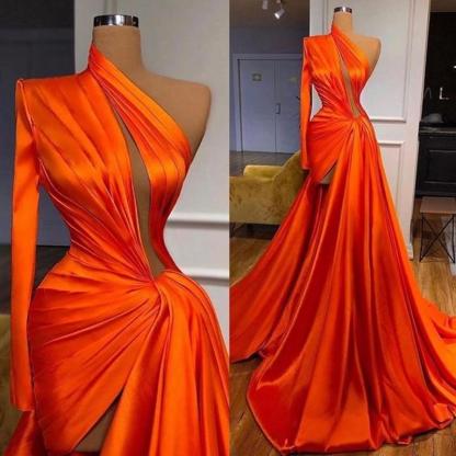 Elegant One Shoulder Long Sleeves Split Front Prom Dress-BMbridal.com