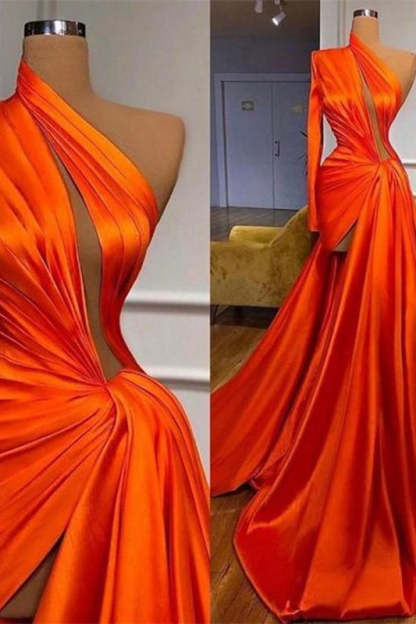 Elegant One Shoulder Long Sleeves Split Front Prom Dress-BMbridal.com