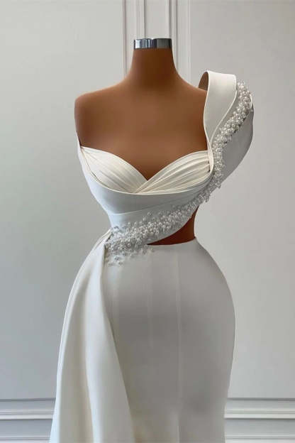 Elegant One-Shoulder Sweetheart Sleeveless A-line Wedding Dresses With Beads-BMbridal.com