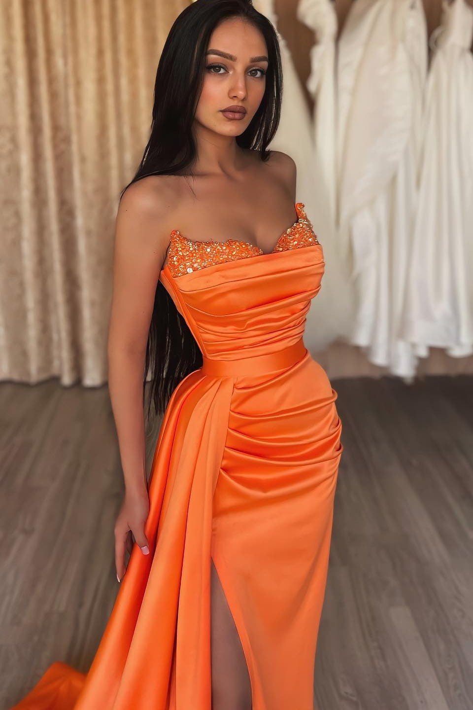 Elegant Orange Sleeveless Split Mermaid Prom Dresses with Ruffles-BMbridal