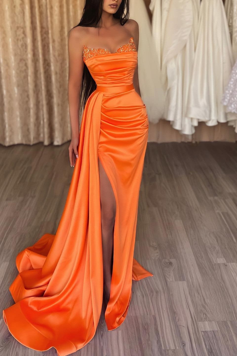 Elegant Orange Sleeveless Split Mermaid Prom Dresses with Ruffles-BMbridal