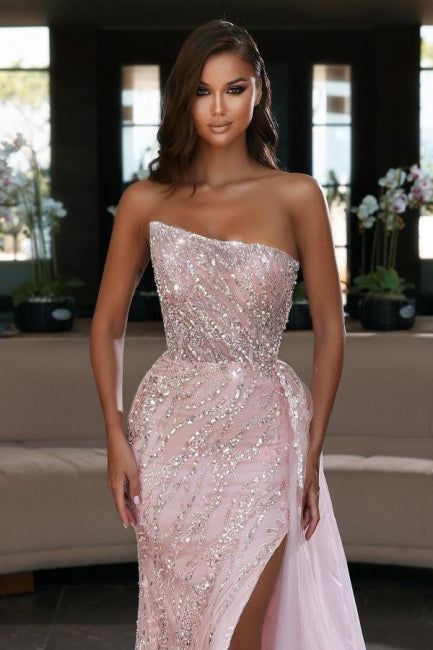 Elegant Pink Sequined Sleeveless Long Mermaid Prom Dress With Slit-BMbridal.com