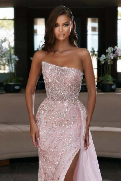 Elegant Pink Sequined Sleeveless Long Mermaid Prom Dress With Slit-BMbridal.com