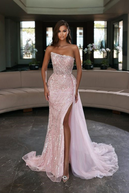 Elegant Pink Sequined Sleeveless Long Mermaid Prom Dress With Slit-BMbridal.com