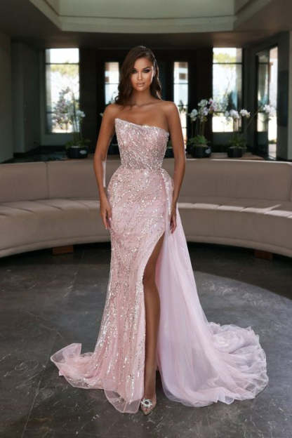 Elegant Pink Sequined Sleeveless Long Mermaid Prom Dress With Slit-BMbridal.com