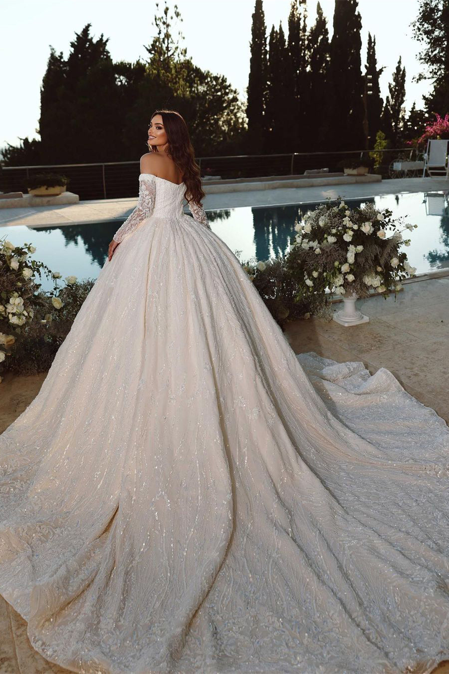 Elegant Princess Off-the-shoulder A-line Ball Gown Wedding Dress With Long Sleeves-BMbridal.com