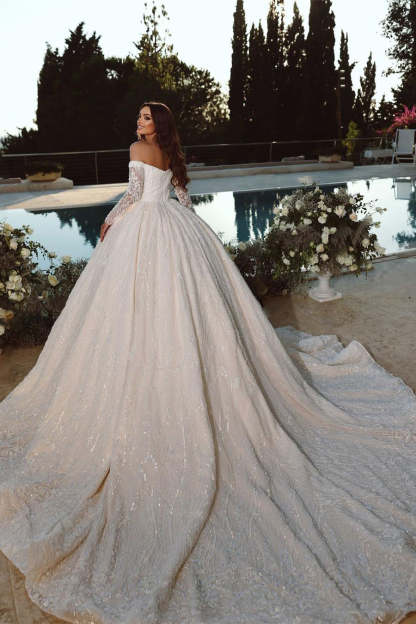 Elegant Princess Off-the-shoulder A-line Ball Gown Wedding Dress With Long Sleeves-BMbridal.com