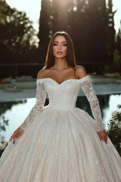 Elegant Princess Off-the-shoulder A-line Ball Gown Wedding Dress With Long Sleeves-BMbridal.com