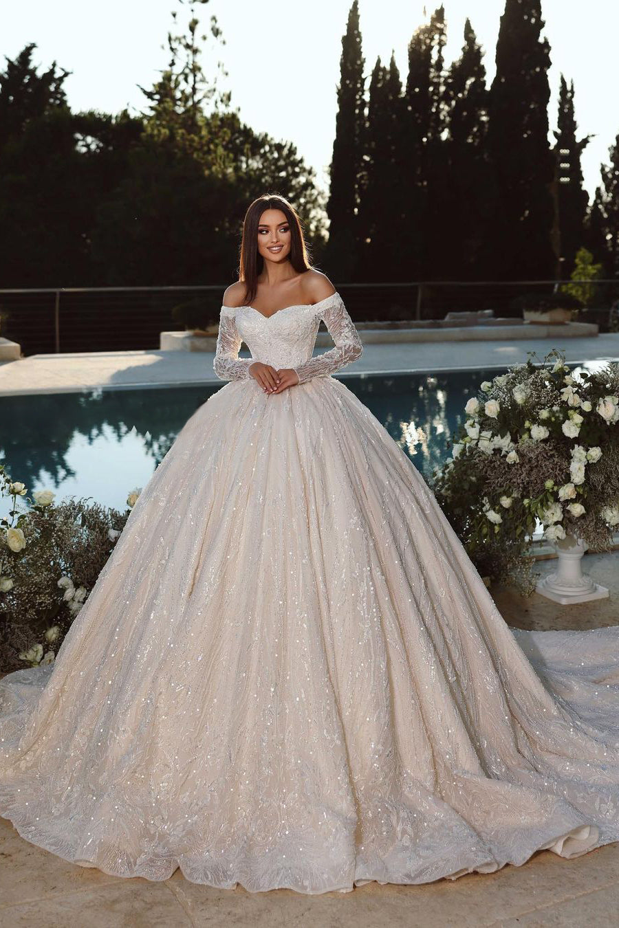 Elegant Princess Off-the-shoulder A-line Ball Gown Wedding Dress With Long Sleeves-BMbridal.com