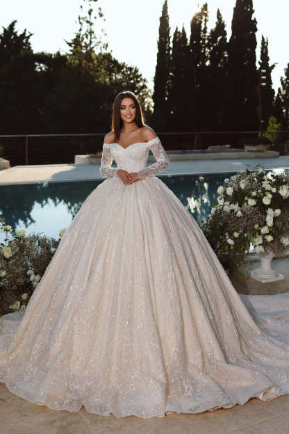 Elegant Princess Off-the-shoulder A-line Ball Gown Wedding Dress With Long Sleeves-BMbridal.com