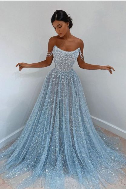 Elegant Sleeveless Blue Lace Prom Dress Long-BMbridal.com