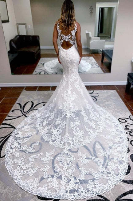 Elegant spaghettistraps sleeveless mermaid lace Wedding dresses-BMbridal.com