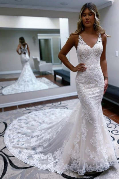 Elegant spaghettistraps sleeveless mermaid lace Wedding dresses-BMbridal.com