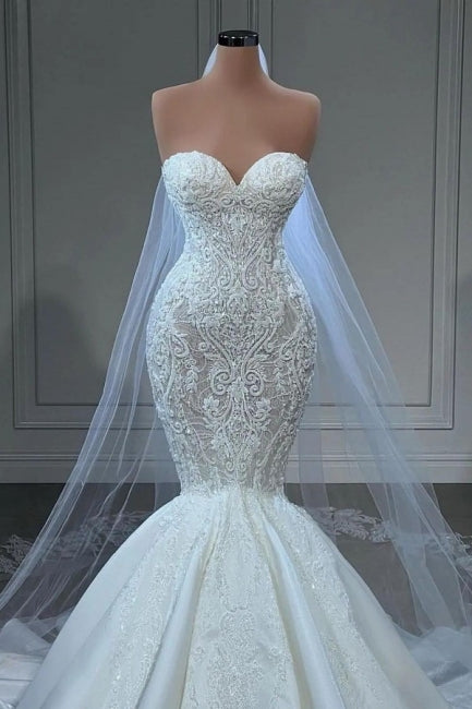 Elegant Strapless Sleeveless Mermaid Satin Floor-Length Wedding Dresses with Lace-BMbridal.com