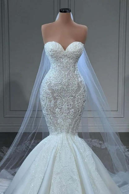 Elegant Strapless Sleeveless Mermaid Satin Floor-Length Wedding Dresses with Lace-BMbridal.com