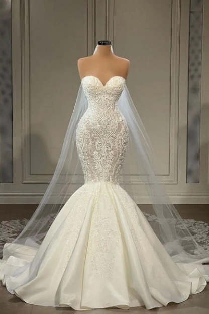 Elegant Strapless Sleeveless Mermaid Satin Floor-Length Wedding Dresses with Lace-BMbridal.com