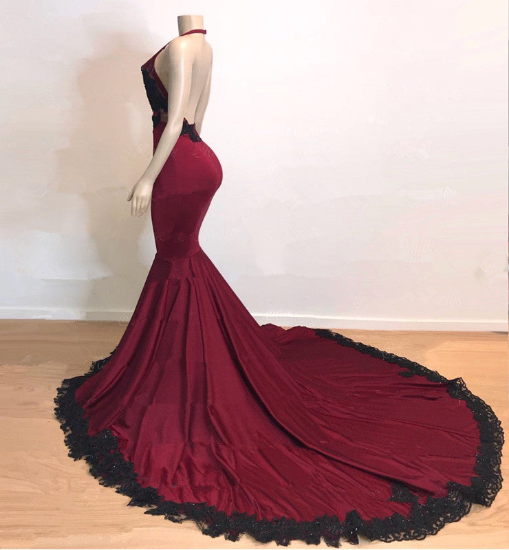 Elegant V-Neck Halter Mermaid Appliques Evening Gowns-BMbridal.com