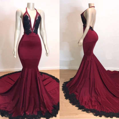 Elegant V-Neck Halter Mermaid Appliques Evening Gowns-BMbridal.com