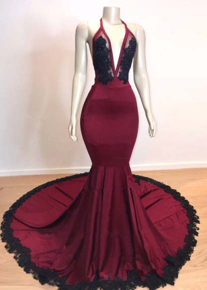 Elegant V-Neck Halter Mermaid Appliques Evening Gowns-BMbridal.com