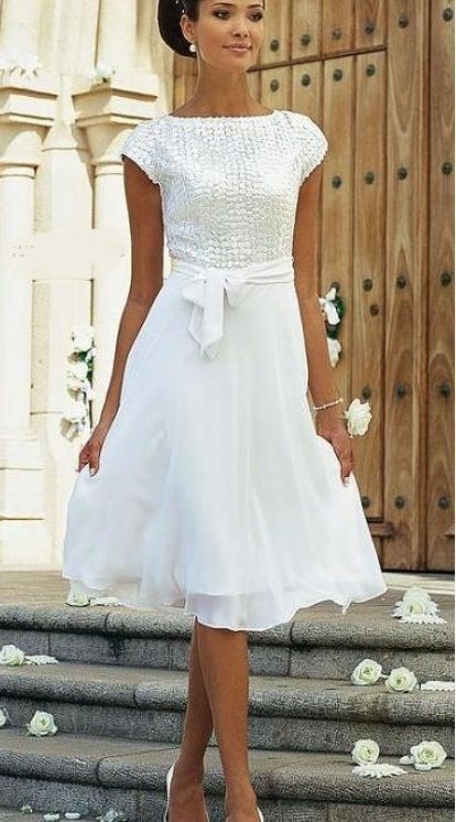 Elegant White A-line Chiffon Wedding Dress With Short Sleeve-BMbridal.com