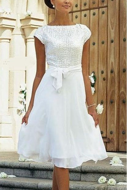 Elegant White A-line Chiffon Wedding Dress With Short Sleeve-BMbridal.com