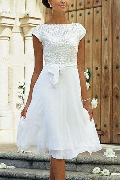 Elegant White A-line Chiffon Wedding Dress With Short Sleeve-BMbridal.com