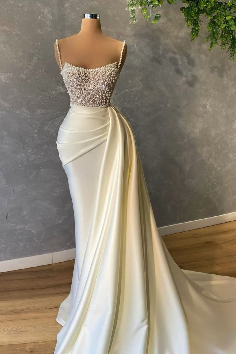 Elegant White Sequined Sleeveless Mermaid Wedding Dresses With Pearl-BMbridal.com