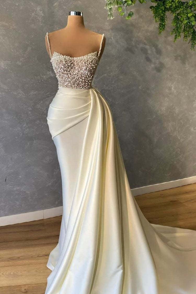 Elegant White Sequined Sleeveless Mermaid Wedding Dresses With Pearl-BMbridal.com