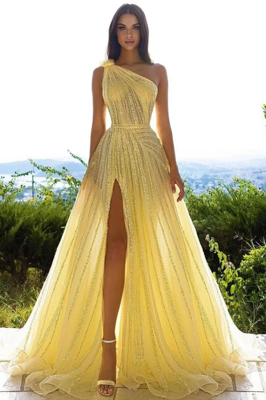 Elegant Yellow One Shoulder Sequined A-line Prom Dress With Slit-BMbridal.com