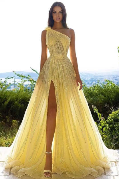 Elegant Yellow One Shoulder Sequined A-line Prom Dress With Slit-BMbridal.com