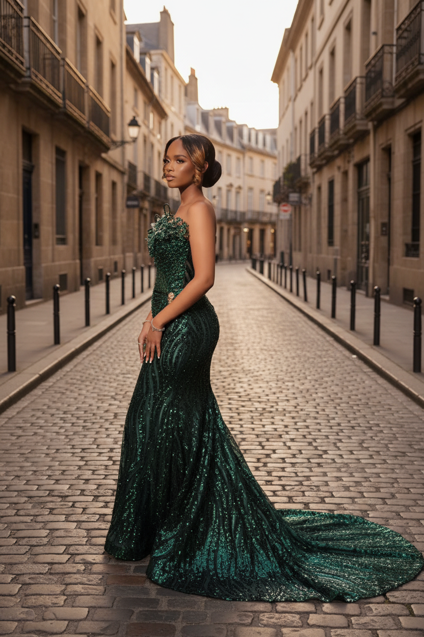 Emerald Green Sequined Prom Dress - Side Profile Street Style
