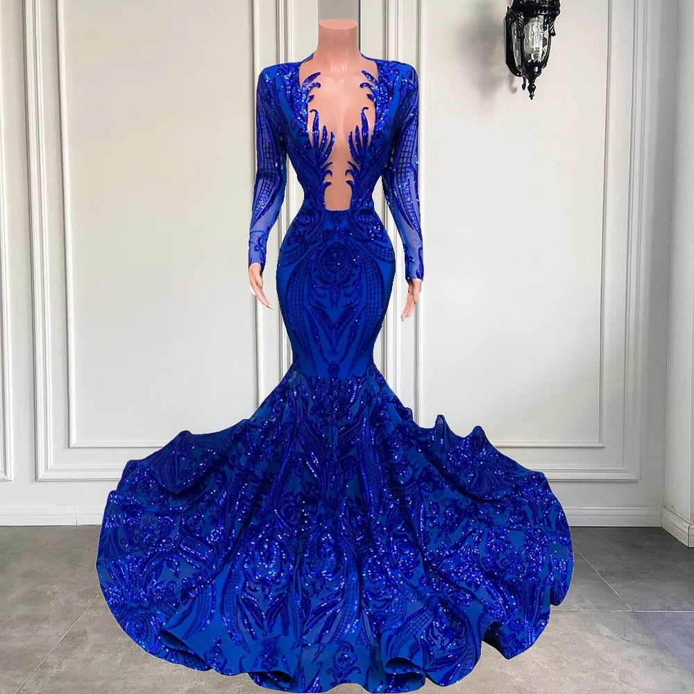 Exquisite Blue V-neck Sequins Long Sleeve Floor-length Mermaid Prom Dresses-BMbridal.com