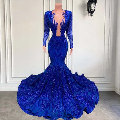 Exquisite Blue V-neck Sequins Long Sleeve Floor-length Mermaid Prom Dresses-BMbridal.com