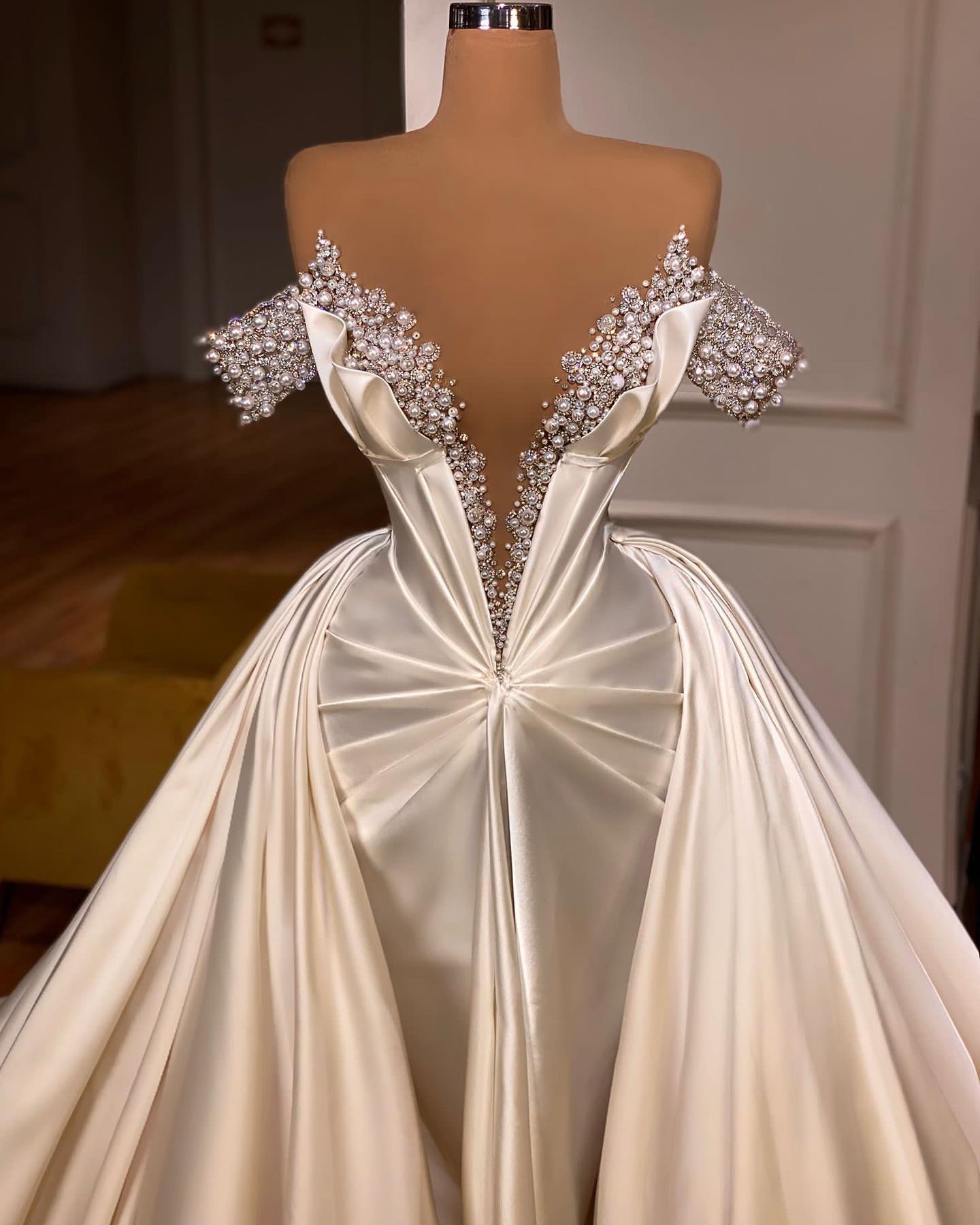 Exquisite Floor Length V-Neck Off-The-Shoulder A-Line Satin Prom Dress with Beads-BMbridal.com