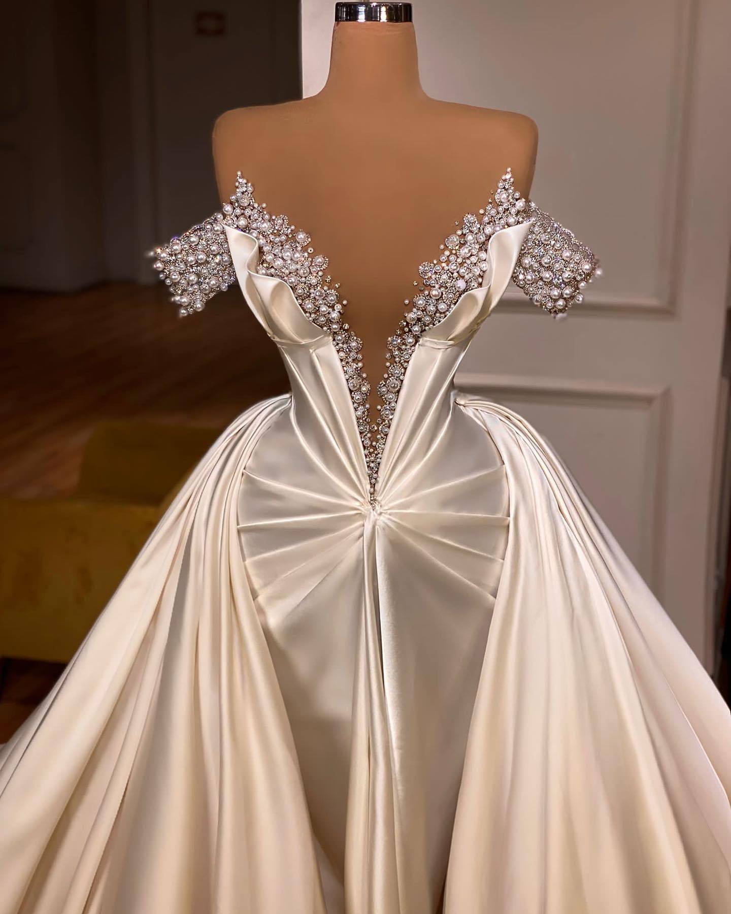Exquisite Floor Length V-Neck Off-The-Shoulder A-Line Satin Prom Dress with Beads-BMbridal.com