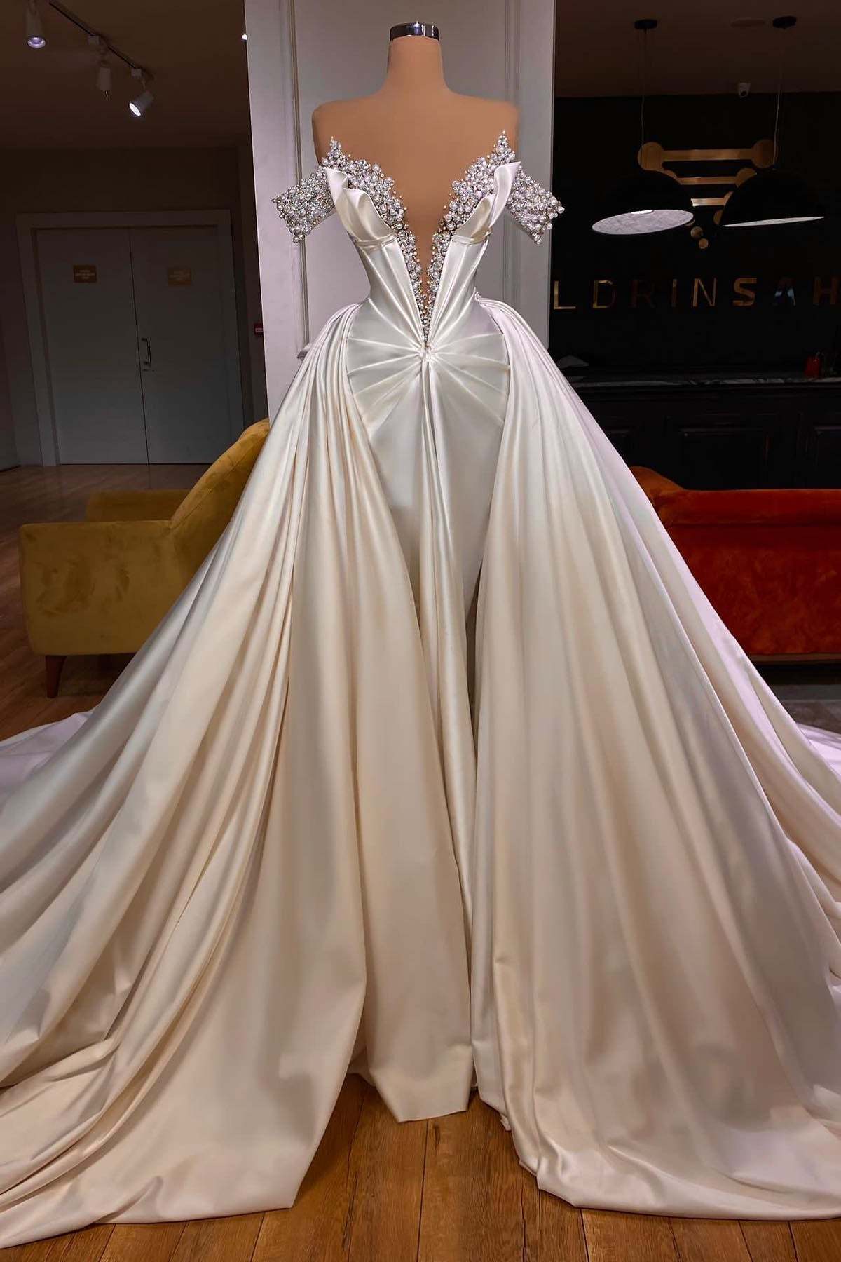 Exquisite Floor Length V-Neck Off-The-Shoulder A-Line Satin Prom Dress with Beads-BMbridal.com