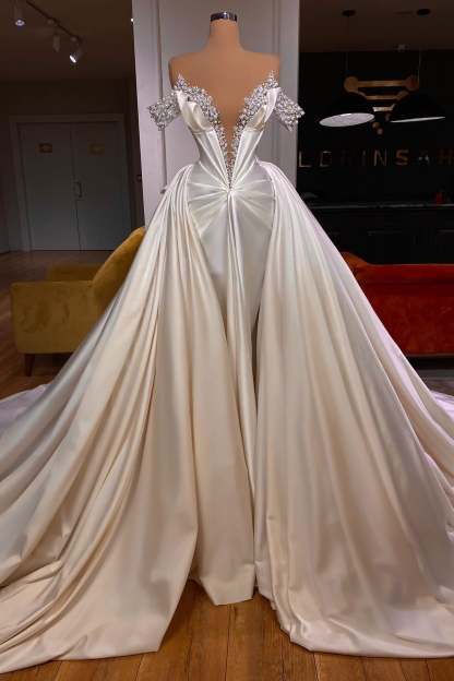 Exquisite Floor Length V-Neck Off-The-Shoulder A-Line Satin Prom Dress with Beads-BMbridal.com