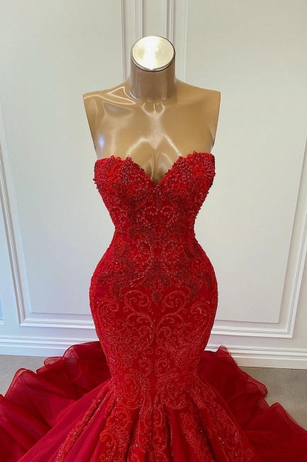 Exquisite Red Sequins Sweetheart Sleeveless Mermaid Prom Dresses-BMbridal.com