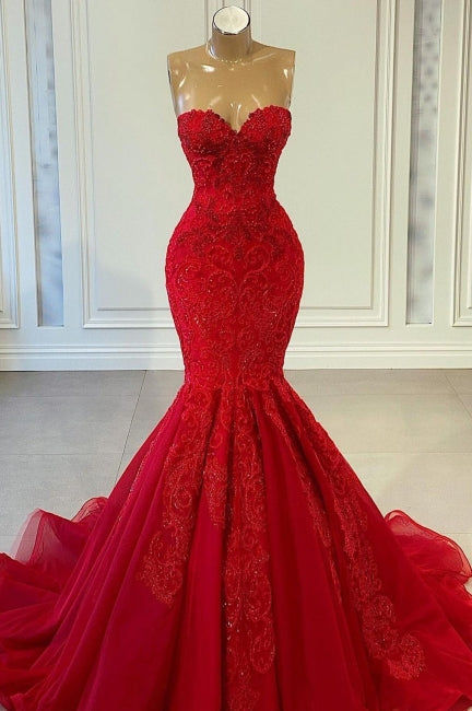 Exquisite Red Sequins Sweetheart Sleeveless Mermaid Prom Dresses-BMbridal.com