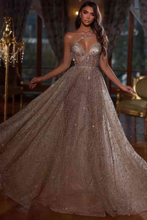 Classy One Shoulder A-Line Prom Dress Long With Beadings-BMbridal