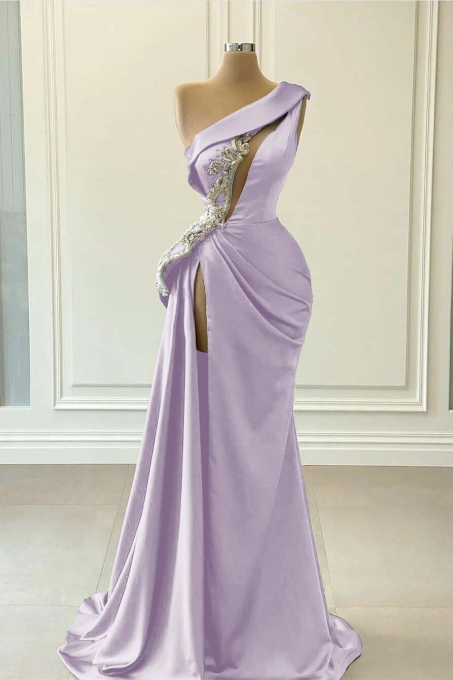 One Shoulder Sleeveless Blue High Split Long Mermaid Prom Dress With Beaded