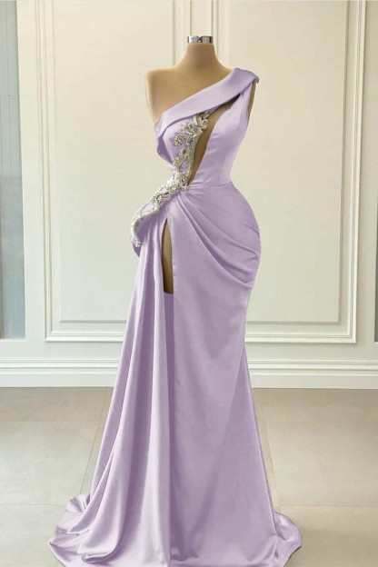 One Shoulder Sleeveless Blue High Split Long Mermaid Prom Dress With Beaded