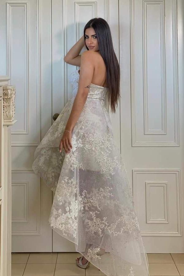 Beautiful A-Line Hi-Lo Sweetheart Strapless Lace Wedding Dresses-BMbridal