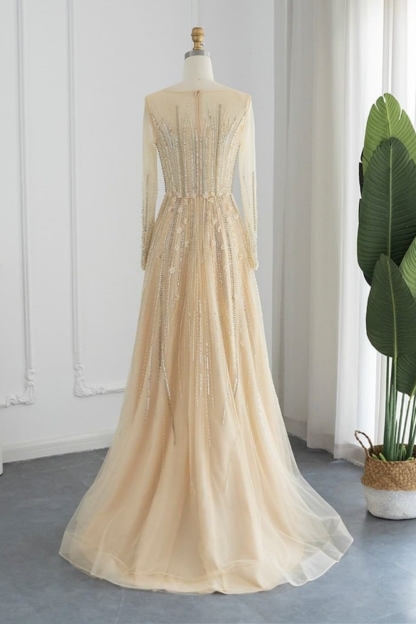 Bmbridal Champagne A-Line Long Sleeves Scoop Prom Dresses with Ruffles