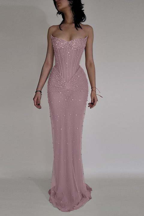 Strapless Sleeveless Mermaid Long Prom Dress With Beading Tulle