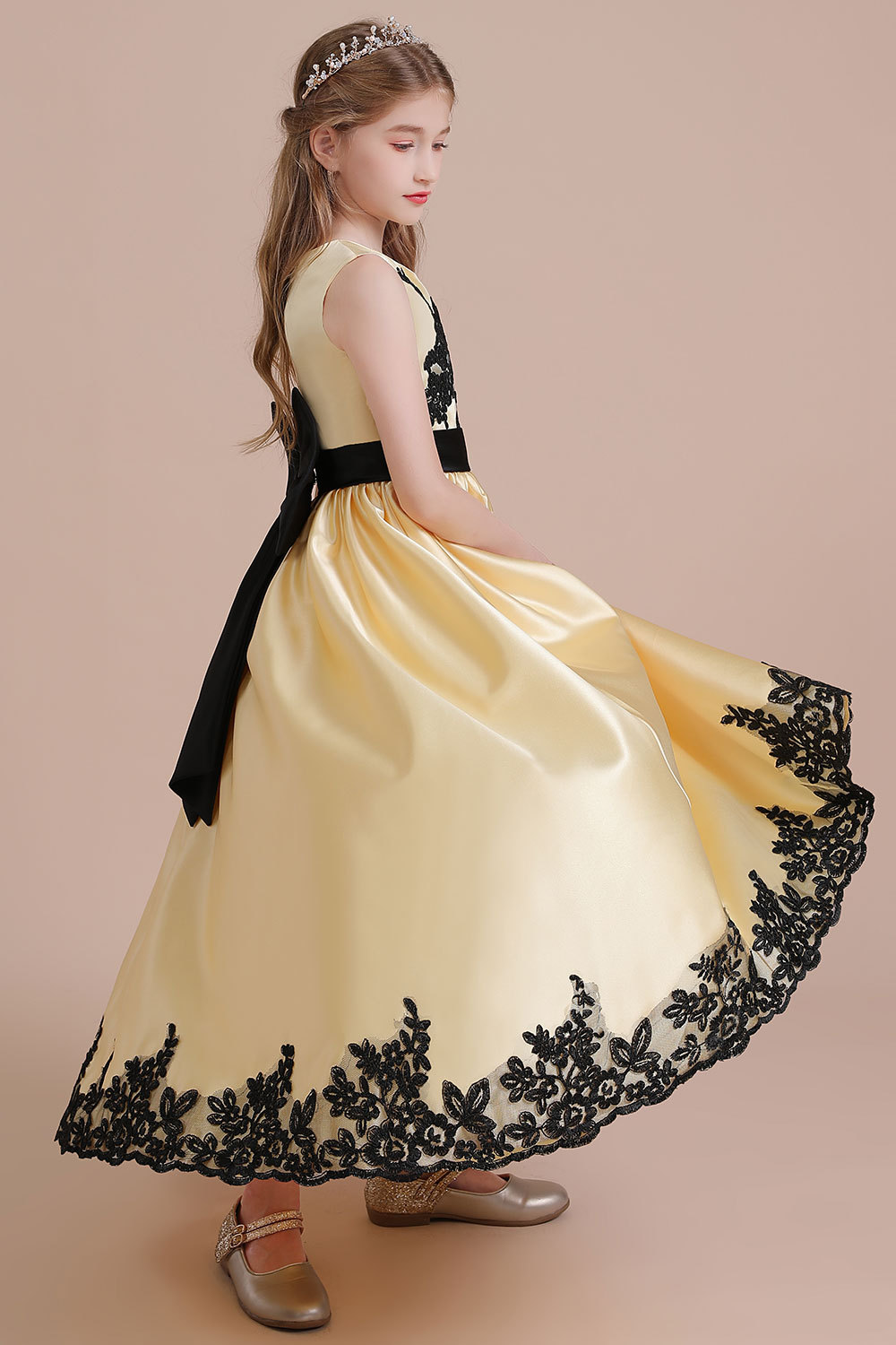 BMbridal A-Line Chic Bow Appliques Satin Flower Girl Dress Online-BMbridal