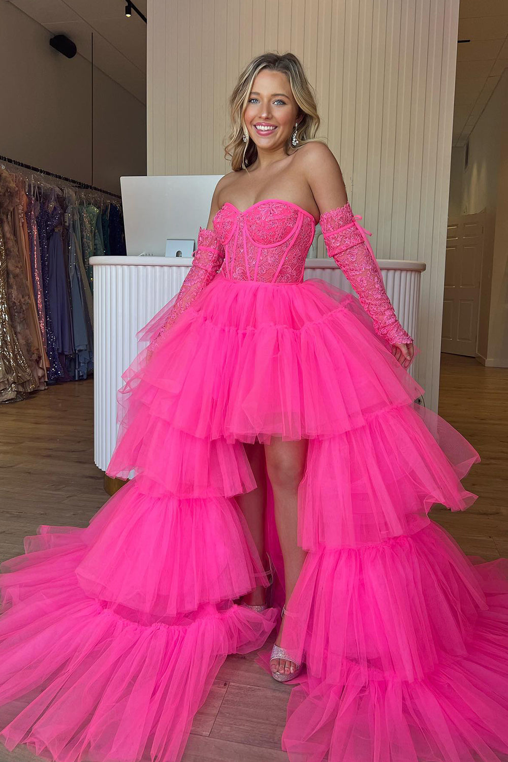 Hot Pink High Low Detachable Sleeves Corset Homecoming Dress with Lace-BMbridal